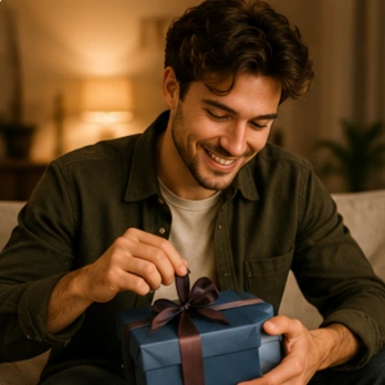 A young man with a beard smiles as he unties a purple ribbon on a blue gift box at home.