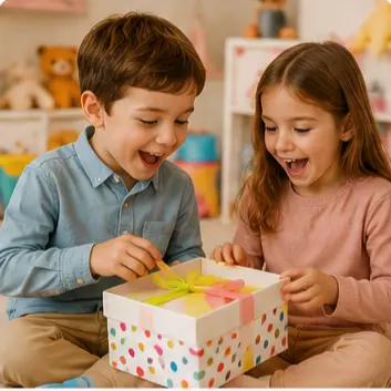 Two smiling children sit on the floor, eagerly opening a white gift box with colorful polka dots and a yellow ribbon in a cozy playroom.