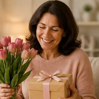 Woman smiling while holding pink tulips and a gift box with a pink ribbon in a cozy setting.
