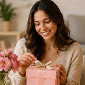 Smiling woman in a beige sweater holds a pink gift box with a white ribbon in a cozy room.
