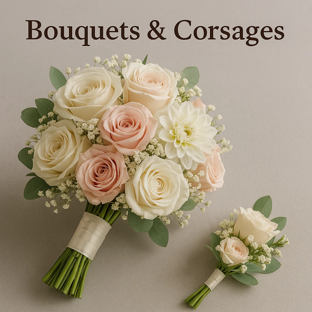 Cream and blush rose bouquet with baby's breath and greenery, tied with a cream ribbon, plus a matching corsage on the side.