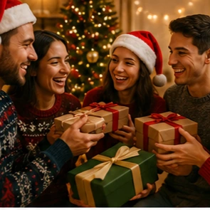 Four friends in festive sweaters and Santa hats smile as they exchange wrapped gifts beside a Christmas tree in a cozy room.