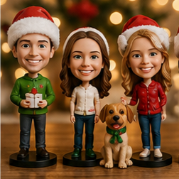 Three bobblehead-style figurines: a man in a green sweater, a woman, and a girl in Santa hats, with a small dog between them, festive Christmas scene on display.