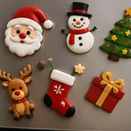 Assorted Christmas decorations: Santa, snowman, Christmas tree, reindeer, stocking, and a gift box.