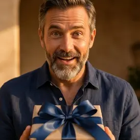 Smiling man with gray hair and beard presenting a wrapped gift tied with a blue ribbon.