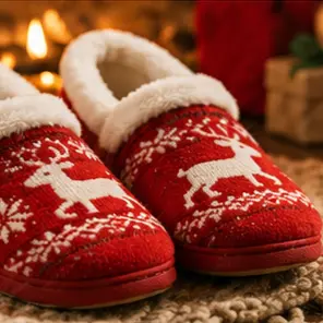Cozy red slippers with white reindeer pattern and fluffy lining on a wool rug.