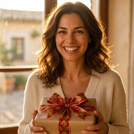 Woman with wavy hair smiling as she holds a wrapped gift with a red bow in front of a sunny window.