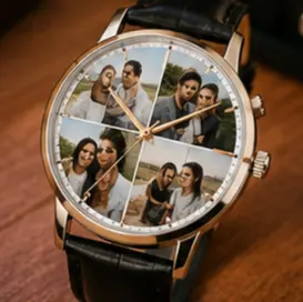 Analog wristwatch with a collage dial showing six photos of a couple, gold case, and black leather strap.