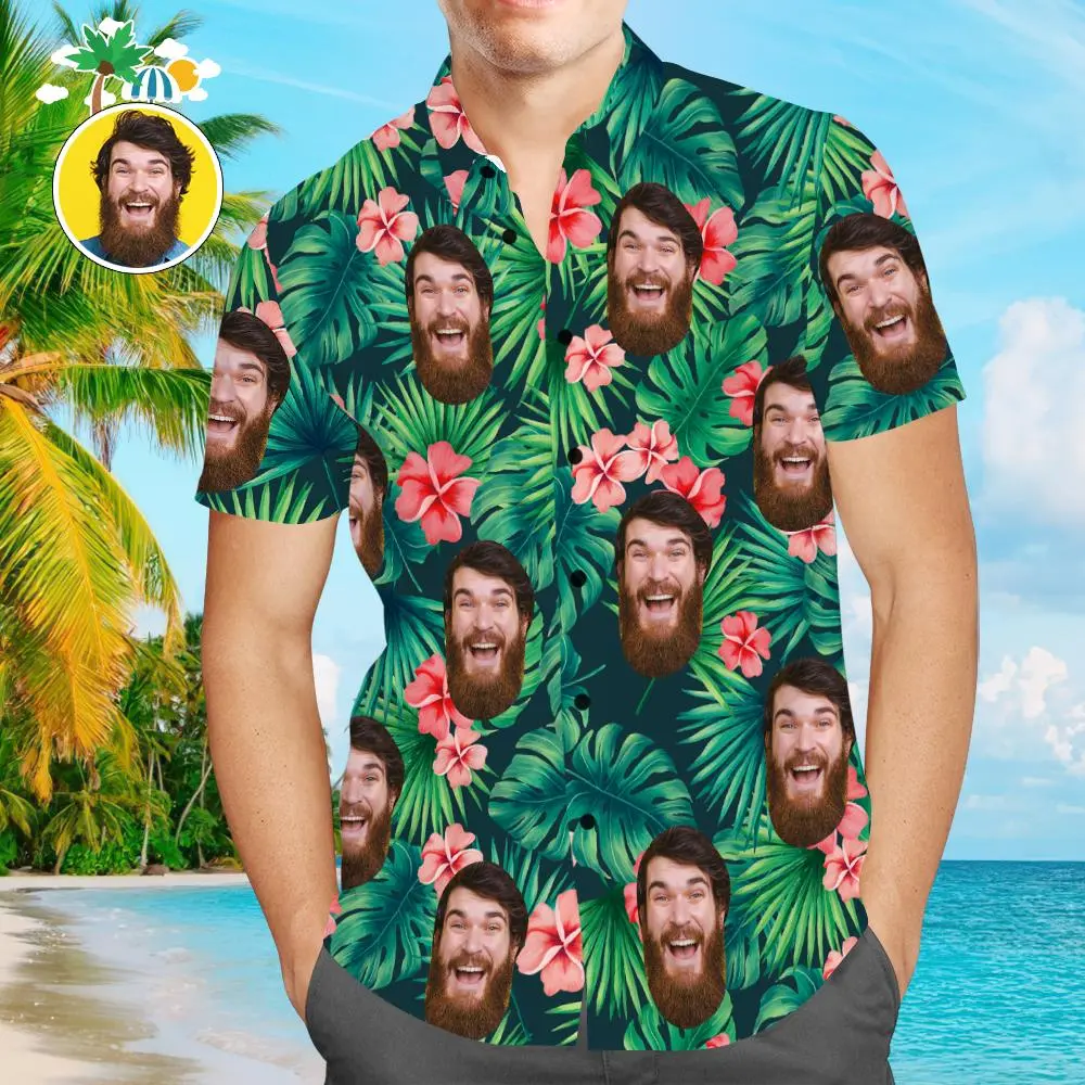 Person wearing a tropical Hawaiian shirt covered in repeated beard-faced prints at a sunny beach scene with palm trees.