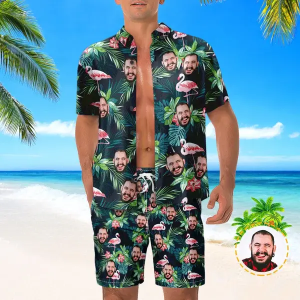 Man wearing a matching tropical-print shirt and shorts set covered with faces and flamingos on a beach background. (Product image)