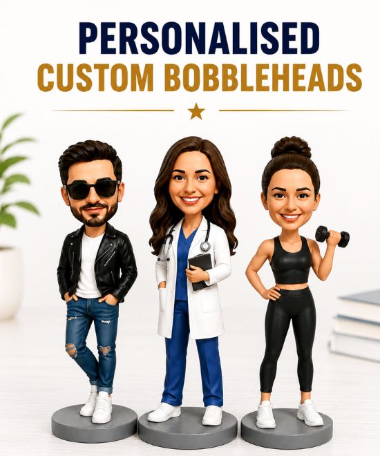 Three custom bobblehead figures—a man in sunglasses and leather jacket, a doctor in scrubs with a clipboard, and a woman lifting dumbbells—stand on round bases beneath the headline 'Personalised Custom Bobbleheads'.
