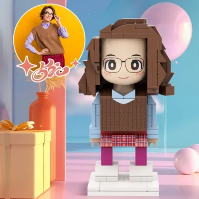 Lego-style girl figurine with glasses, brown sweater, plaid skirt, standing on a white base, with balloons and a present in a colorful setup.