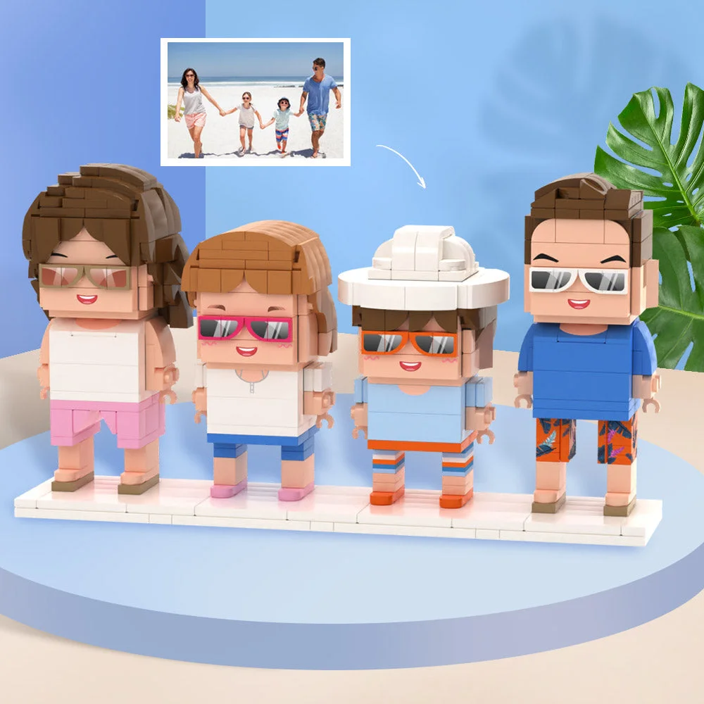 LEGO-style family of four wearing summer outfits on a beach, sunglasses, standing on a pedestal platform.