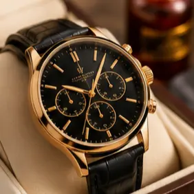 Gold-tone wristwatch with black dial, three subdials, and a black leather strap in a display box.