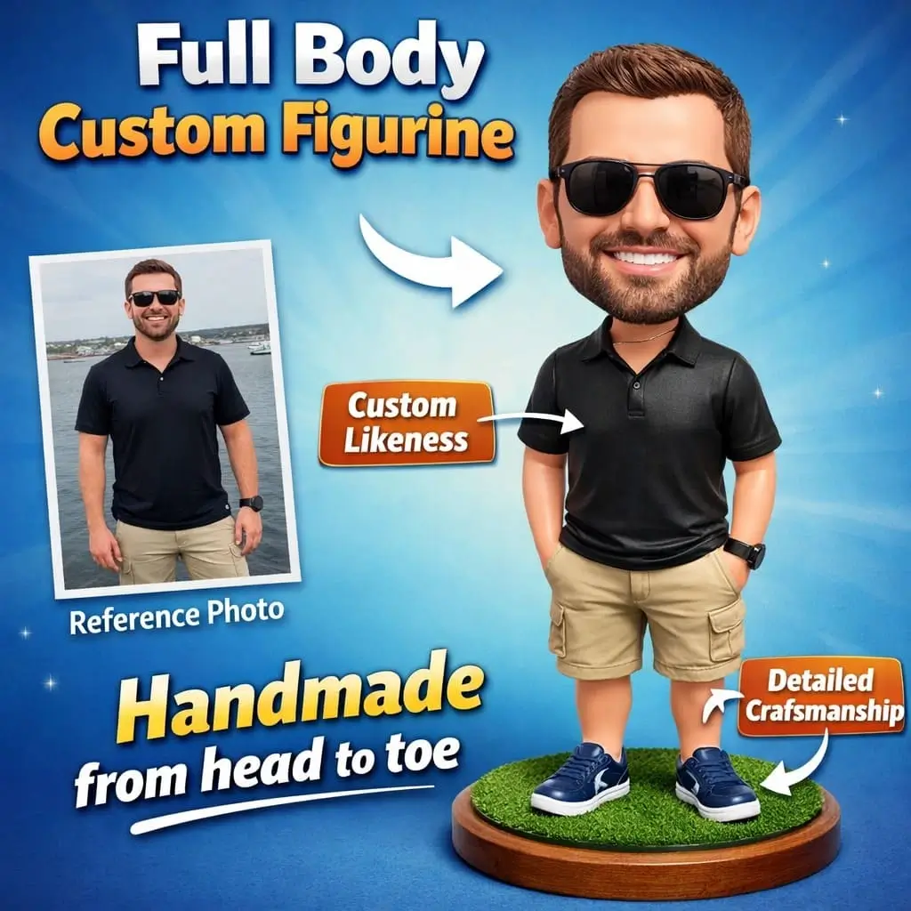 Full-body custom figurine modeled after a man in a black polo and khaki shorts with sunglasses, standing on a grassy display base.