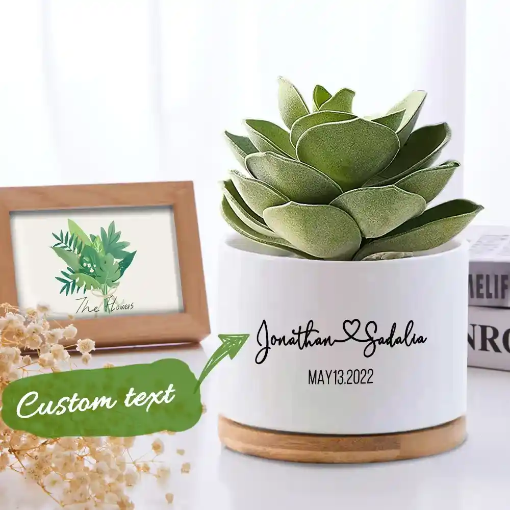 White ceramic pot with a green succulent displaying a customizable text label and date (Jonathan Sadala, May 13, 2022).