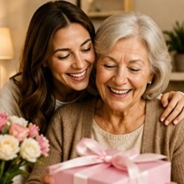 Daughter and mother smiling as they look at a pink gift box, with flowers nearby.