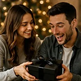 A smiling couple holding a black gift box with a bow in a warm, festive setting with holiday lights in the background.