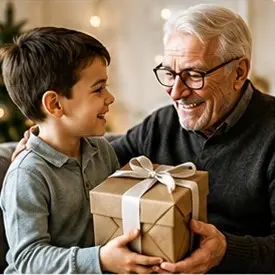 Grandfather and young boy sharing a smile as the boy presents a wrapped gift with a ribbon.