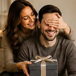 Woman smiling as she playfully covers her partner's eyes from behind while presenting a gift with a tied ribbon on a box.