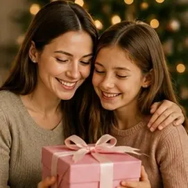 Mother and daughter smiling as they present a pink gift box with a ribbon, celebrating a special occasion together.