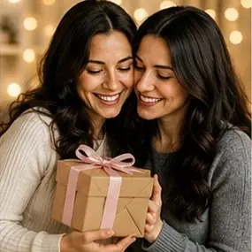 Two women smiling while holding a brown gift box with a pink ribbon.