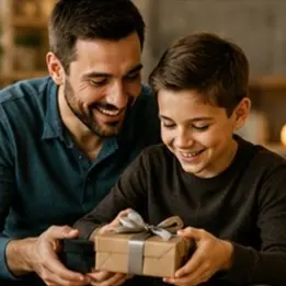 Man and boy smiling as they share a small wrapped gift.