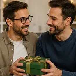 Two friends smiling as they present a green gift box with a gold ribbon.