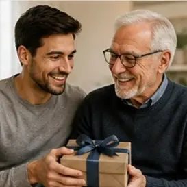 Young man handing a gift to an elderly man, both smiling warmly, in a cozy setting.