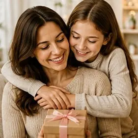 Mother and daughter smiling, the daughter hugging from behind as they hold a wrapped gift with a pink ribbon.