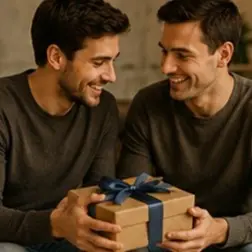 Two men in dark sweaters smile as one presents a gift box tied with a blue ribbon.