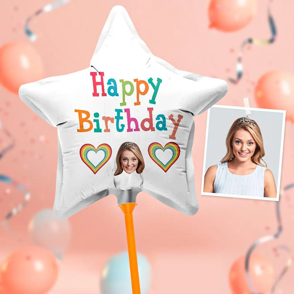White star-shaped balloon with 'Happy Birthday' lettering, rainbow hearts, and a photo of a girl against a pink party backdrop.