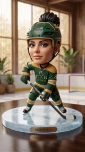 Cartoonish hockey player statue in green and gold Yoga Academy gear, flexing with a hockey stick on a round pedestal marked 'Serenity Flow'.