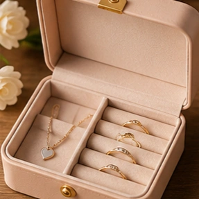 Open blush jewelry box displaying a heart-shaped pendant necklace and four rings in separate padded compartments, with soft roses in the background.