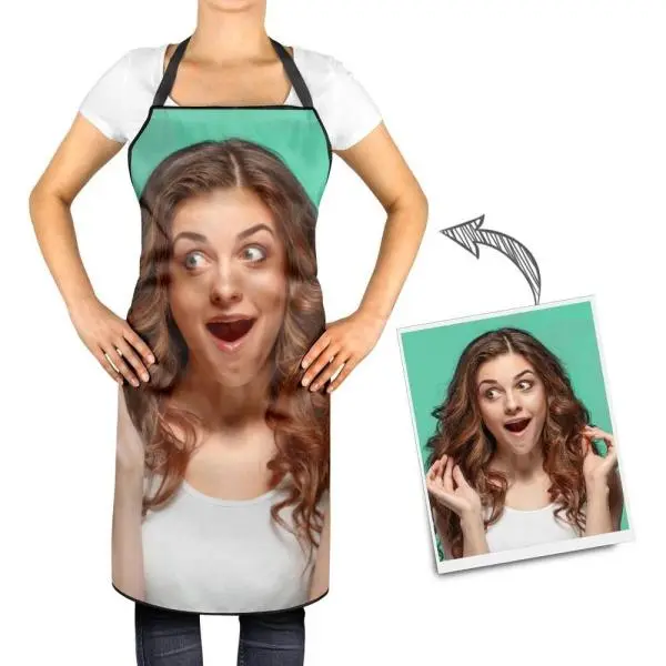 Apron with a large printed photo of a surprised woman on the front and a smaller inset photo示encing in the corner for demonstration.