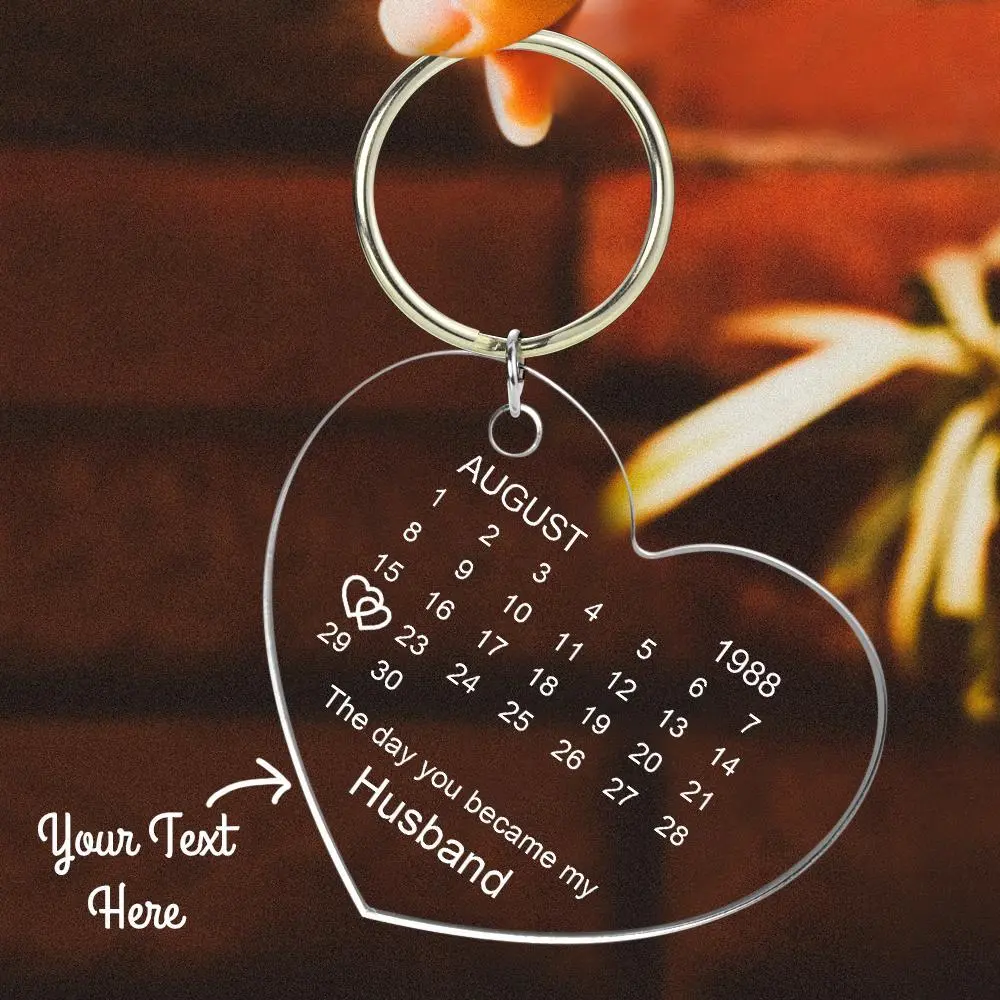 Heart-shaped metal keychain with an August 1988 calendar and the inscription 'The day you became my Husband', plus a space for custom text.