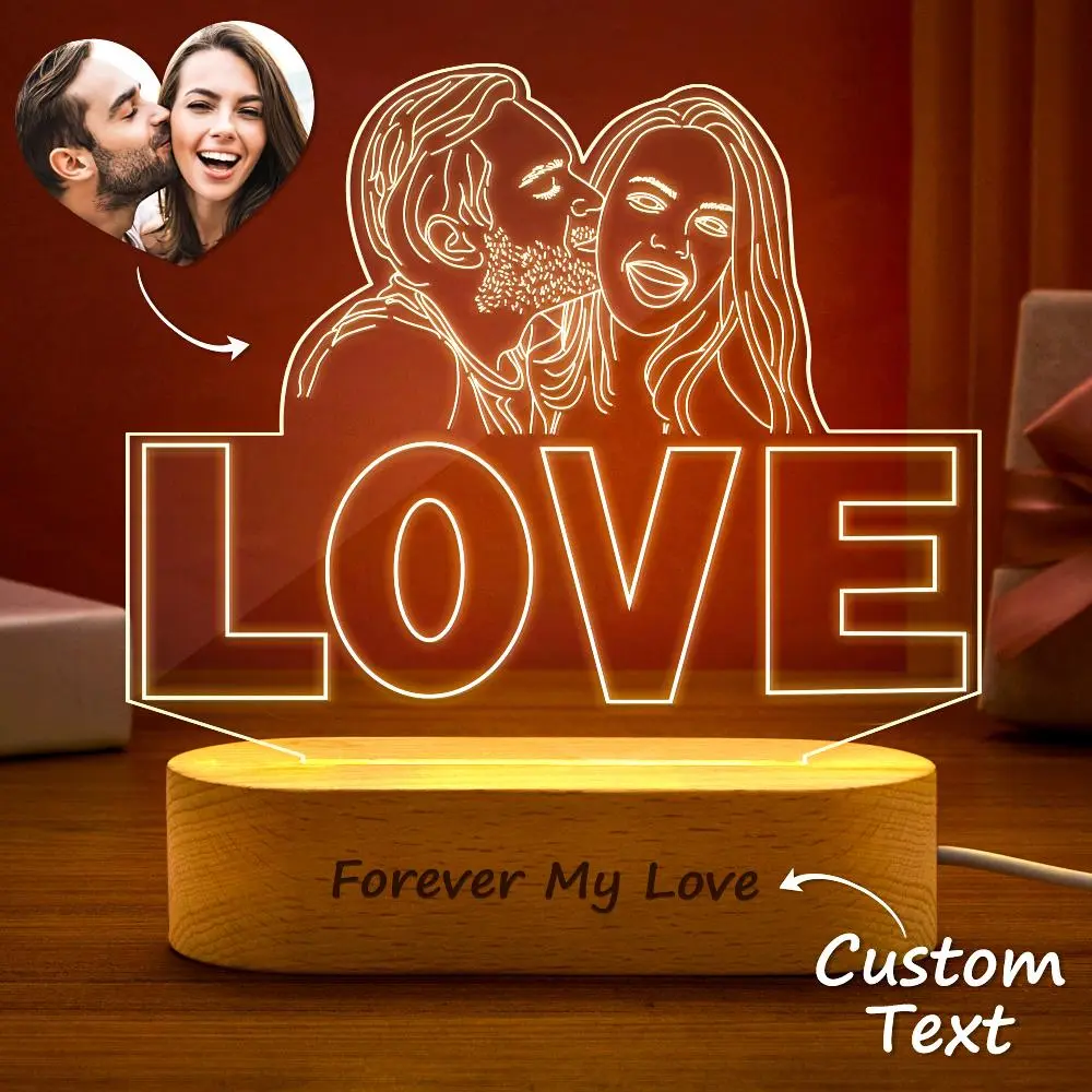 Decorative LED sign with the word LOVE and a couple outline, on a wooden base reading 'Forever My Love' (custom text available).