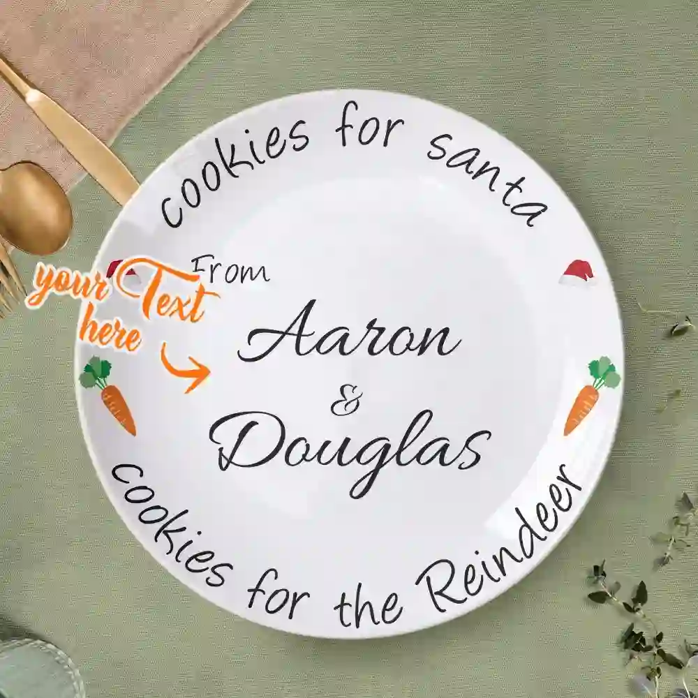 Personalized holiday plate reading 'Cookies for Santa' around the edge and 'Aaron & Douglas' in the center with carrot decorations on the rim.