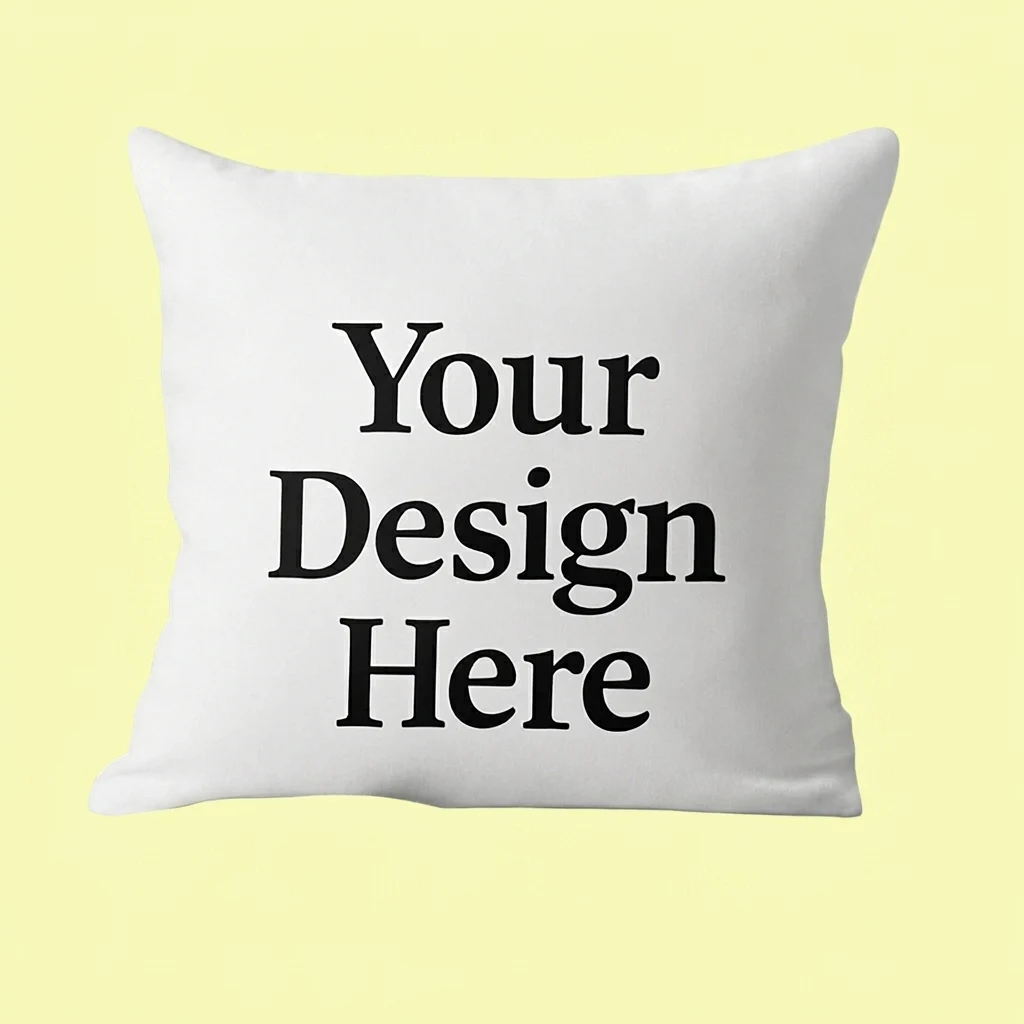 White pillow with the words 'Your Design Here' on a pale yellow background.
