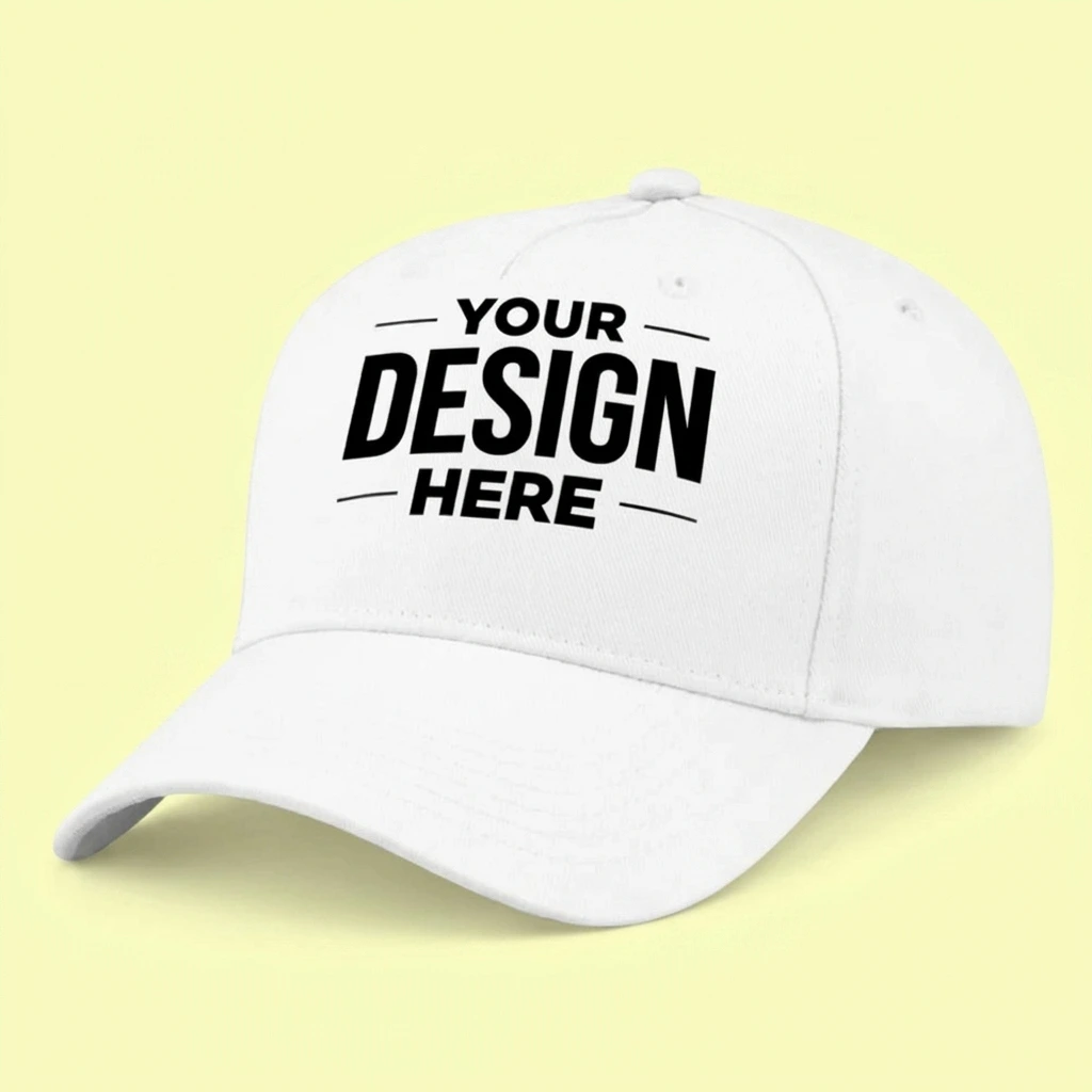 White baseball cap with the text 'Your Design Here' on the front, set against a pale yellow background.