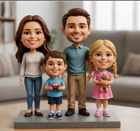 Family figurines on a display base: mom, dad, a young boy with a toy car, and a girl holding a kitten in a living room setting.