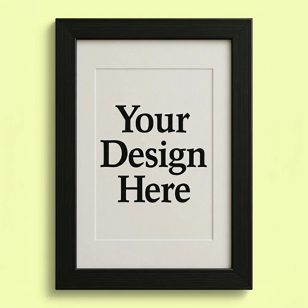 Framed white poster with the words 'Your Design Here' in black text against a pale background.