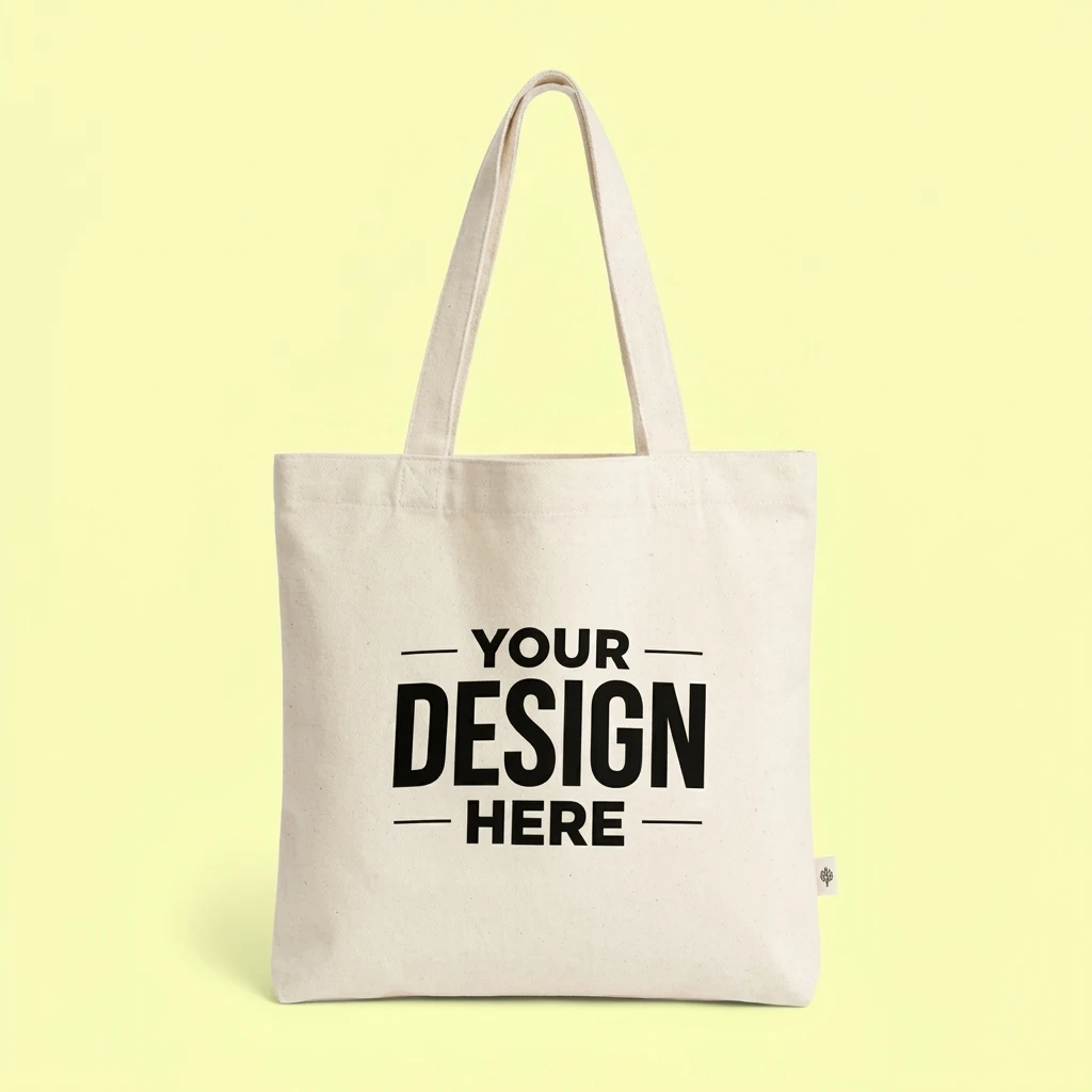 Canvas tote bag with the words 'YOUR DESIGN HERE' in bold black letters against a pale yellow background.