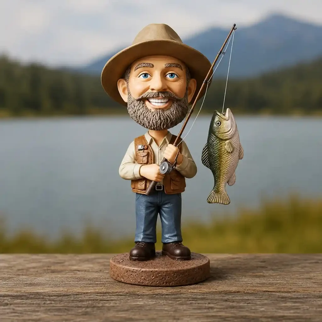 Fisherman bobblehead on a wooden base holding a fishing rod with a caught fish, outdoors by water and mountains in the background.