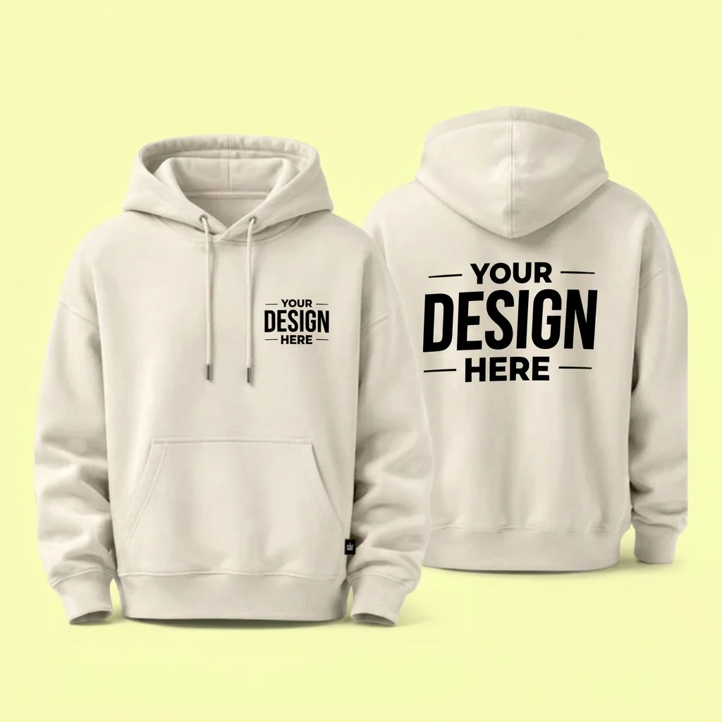 Front view of a light hoodie with 'YOUR DESIGN HERE' on the chest as a mockup on a pale yellow background.