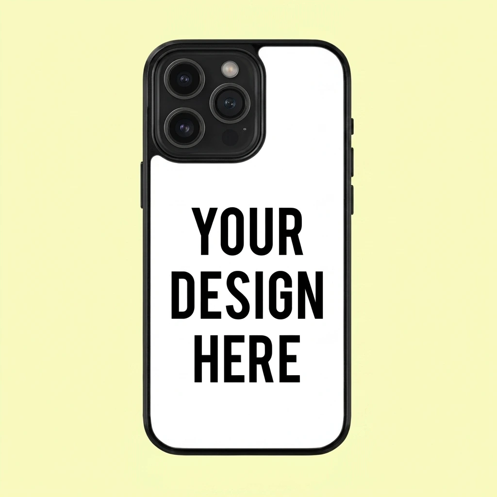 Phone with a white screen template reading 'YOUR DESIGN HERE' on a pale yellow background; shows a triple-camera phone edge.