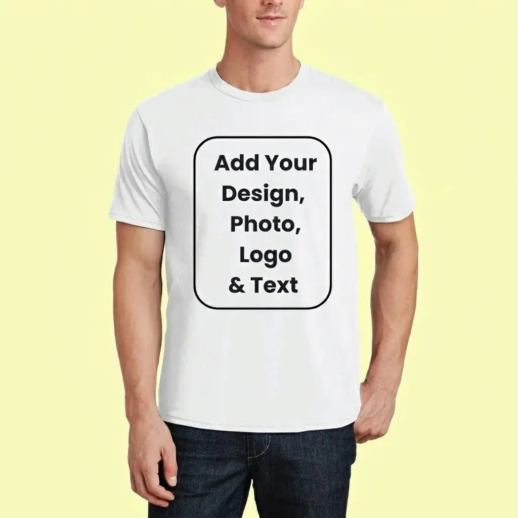 White t-shirt on a model with a black rounded-square frame and text encouraging adding your design, photo, logo, and text on a pale yellow background.