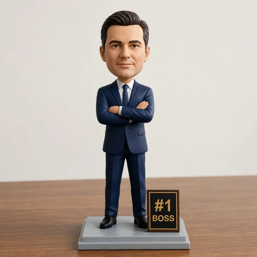A cartoon-style businessman figurine in a navy suit with arms crossed, standing on a gray pedestal beside a '#1 BOSS' plaque on a wooden surface