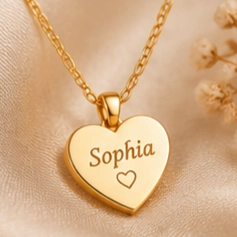 Gold heart pendant necklace engraved with the name Sophia and a small heart.