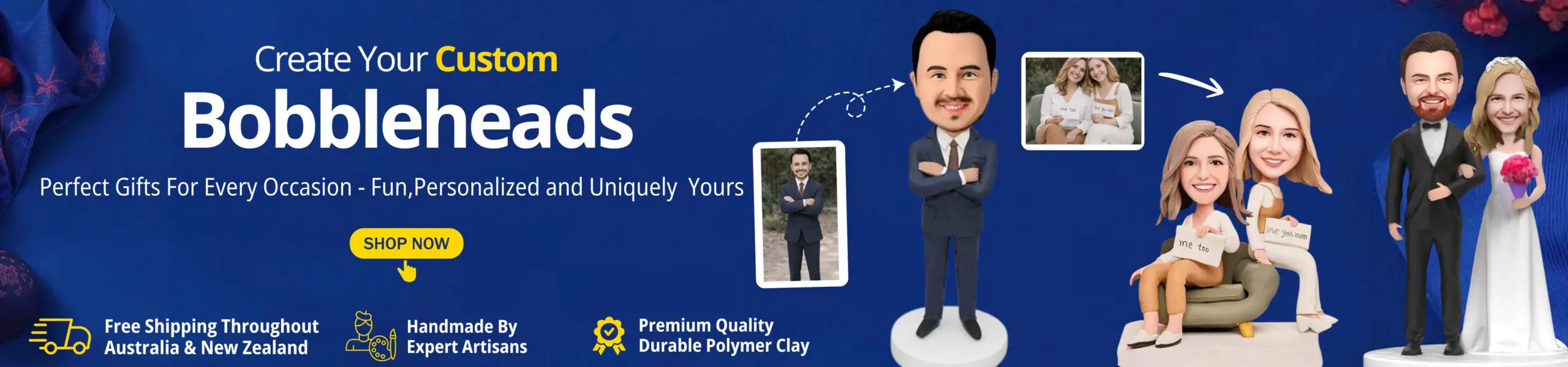 Blue banner advertising custom bobbleheads with a central 3D figure, photo frames on either side, and a wedding couple on the right; includes a yellow 'Shop Now' button.